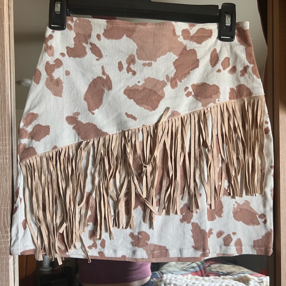 Cow print fringe skirt